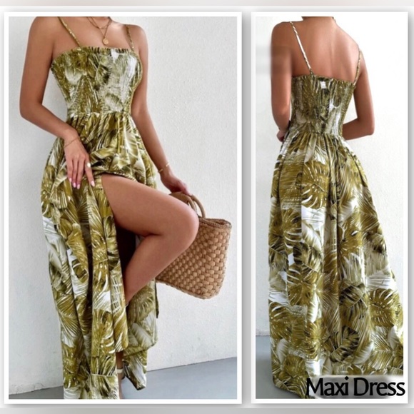 zeasty tropical palm print maxi dress with smocked bodice and slit. NEW Large - Picture 5 of 15